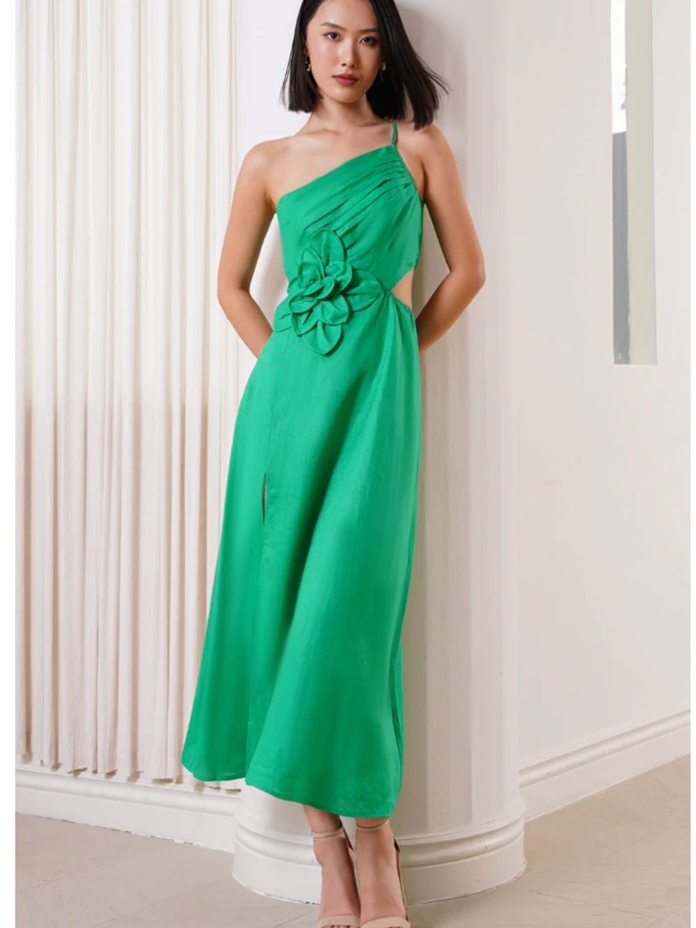 YUMI KIM Romy Linen Green One-Shoulder Floral Appliqué Dress